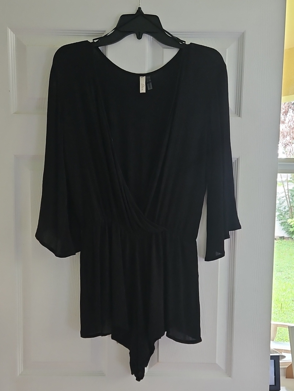 Black Surplice Romper Chemise with Elastic Waist
